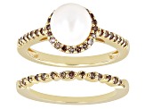 Cultured Freshwater Pearl And Champagne Diamond 18k Gold Over Silver Ring Set .35ctw