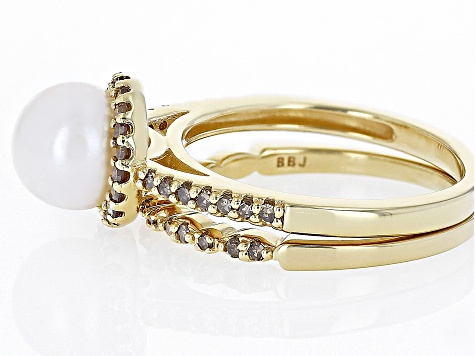 Cultured Freshwater Pearl And Champagne Diamond 18k Gold Over Silver Ring Set .35ctw