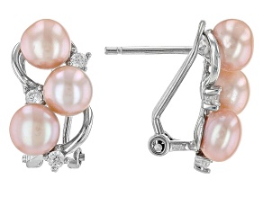 Pink Cultured Freshwater Pearl and White Cubic Zirconia Rhodium Over Sterling Silver Earrings