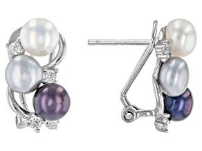 Multi-color Cultured Freshwater Pearl and White Cubic Zirconia Rhodium Over Sterling Silver Earrings