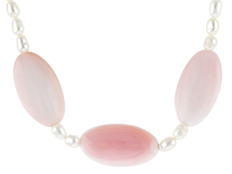 Cultured Freshwater Pearl & Pink Conch Shell 18k Yellow Gold Over Sterling Silver Necklace