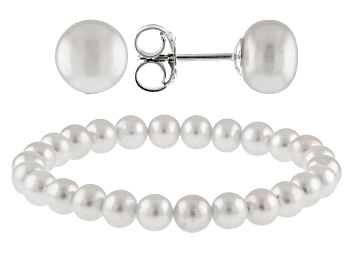 Picture of Cultured Freshwater Pearl Rhodium Over Sterling Silver Stretch Bracelet And Stud Earring Set