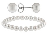 Cultured Freshwater Pearl Rhodium Over Sterling Silver Stretch Bracelet And Stud Earring Set
