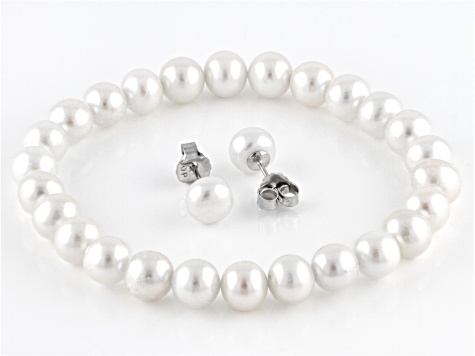 Cultured Freshwater Pearl Rhodium Over Sterling Silver Stretch Bracelet And Stud Earring Set