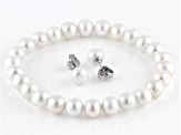 Cultured Freshwater Pearl Rhodium Over Sterling Silver Stretch Bracelet And Stud Earring Set