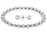 Platinum Cultured Freshwater Pearl Rhodium Over Sterling Stretch Bracelet And Stud Earring Set
