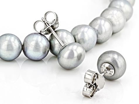 Platinum Cultured Freshwater Pearl Rhodium Over Sterling Stretch Bracelet And Stud Earring Set