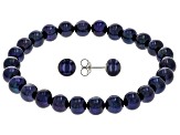 Black Cultured Freshwater Pearl Rhodium Over Sterling Silver Stretch Bracelet And Stud Earring Set