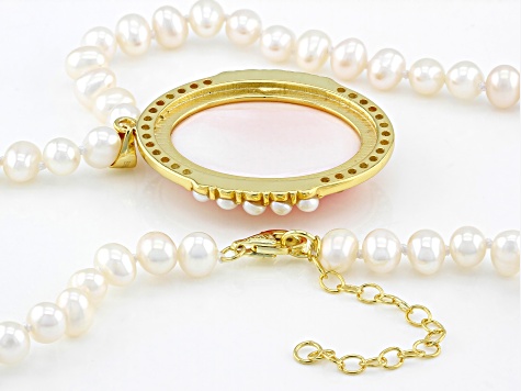 Conch Shell & Cubic Zirconia Pendant, Cultured Freshwater Pearl 18k Gold Over Silver Necklace