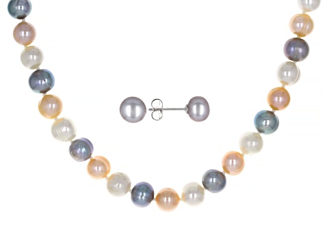 Multi-Color Cultured Freshwater Pearl Rhodium Over Silver 18 Inch Necklace and Stud Earrings Set