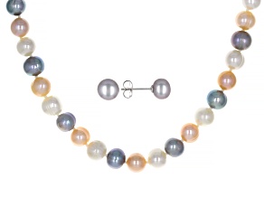 Multi-Color Cultured Freshwater Pearl Rhodium Over Silver 18 Inch Necklace and Stud Earrings Set