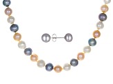 Multi-Color Cultured Freshwater Pearl Rhodium Over Silver 18 Inch Necklace and Stud Earrings Set