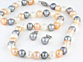 Multi-Color Cultured Freshwater Pearl Rhodium Over Silver 18 Inch Necklace and Stud Earrings Set