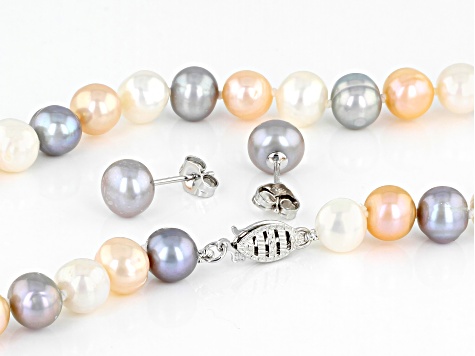 Multi-Color Cultured Freshwater Pearl Rhodium Over Silver 18 Inch Necklace and Stud Earrings Set