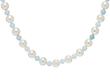 Picture of White Cultured Freshwater Pearl with Aquamarine Rhodium Over Sterling Silver Necklace