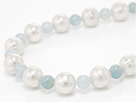 White Cultured Freshwater Pearl with Aquamarine Rhodium Over Sterling Silver Necklace