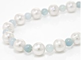 White Cultured Freshwater Pearl with Aquamarine Rhodium Over Sterling Silver Necklace