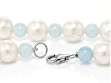 White Cultured Freshwater Pearl with Aquamarine Rhodium Over Sterling Silver Necklace