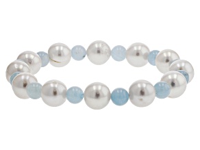 White Cultured Freshwater Pearl with Aquamarine Stretch Bracelet
