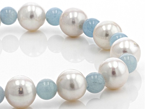 White Cultured Freshwater Pearl with Aquamarine Stretch Bracelet