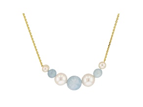 White Cultured Freshwater Pearl with Aquamarine 18k Yellow Gold Over Sterling Silver Necklace