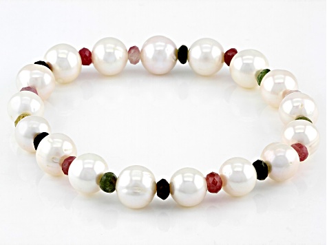 White Cultured Freshwater Pearl and Multi-Tourmaline Stretch Bracelet