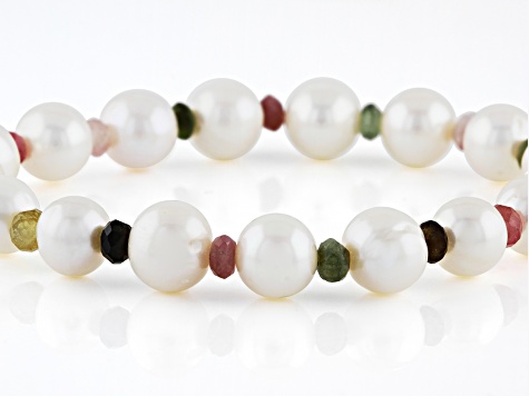 White Cultured Freshwater Pearl and Multi-Tourmaline Stretch Bracelet