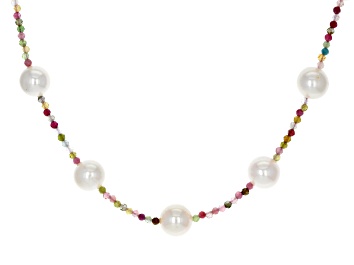 Picture of White Cultured Freshwater Pearl & Multi-Tourmaline 18k Yellow Gold Over Sterling Silver Necklace