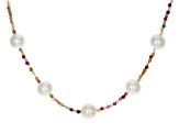 White Cultured Freshwater Pearl & Multi-Tourmaline 18k Yellow Gold Over Sterling Silver Necklace