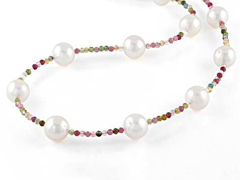 White Cultured Freshwater Pearl & Multi-Tourmaline 18k Yellow Gold Over Sterling Silver Necklace