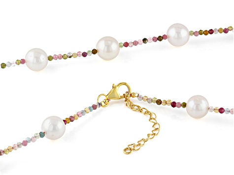 White Cultured Freshwater Pearl & Multi-Tourmaline 18k Yellow Gold Over Sterling Silver Necklace