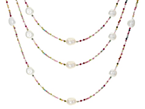 White Cultured Freshwater Pearl & Multi-Tourmaline Rhodium Over Sterling Silver Necklace Set