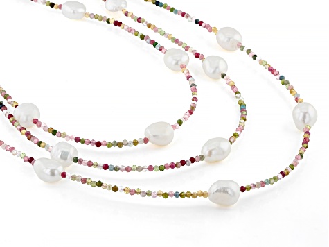 White Cultured Freshwater Pearl & Multi-Tourmaline Rhodium Over Sterling Silver Necklace Set