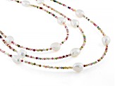 White Cultured Freshwater Pearl & Multi-Tourmaline Rhodium Over Sterling Silver Necklace Set