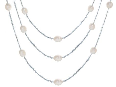 Cultured Freshwater Pearl & Aquamarine Rhodium Over Sterling Silver Necklace Set