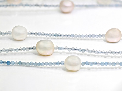 Cultured Freshwater Pearl & Aquamarine Rhodium Over Sterling Silver Necklace Set