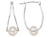 White Cultured Freshwater Pearl Rhodium Over Sterling Silver Double Hoop Earrings