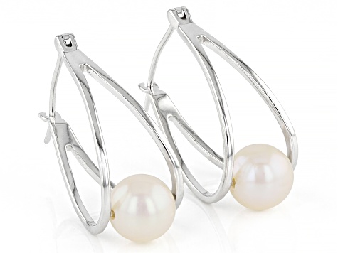 White Cultured Freshwater Pearl Rhodium Over Sterling Silver Double Hoop Earrings