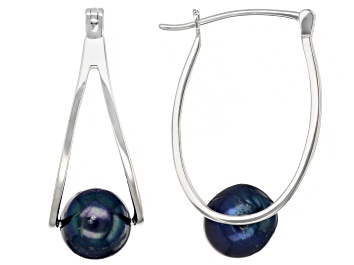 Picture of Black Cultured Freshwater Pearl Rhodium Over Sterling Silver Double Hoop Earrings