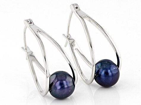Black Cultured Freshwater Pearl Rhodium Over Sterling Silver Double Hoop Earrings