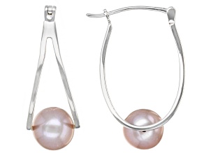Pink Cultured Freshwater Pearl Rhodium Over Sterling Silver Double Hoop Earrings