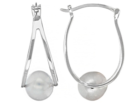 Platinum Cultured Freshwater Pearl Rhodium Over Sterling Silver Double Hoop Earrings