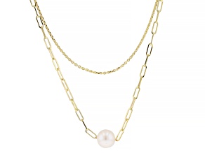 White Cultured Freshwater Pearl 18k Yellow Gold Over Sterling Silver Double Row Necklace