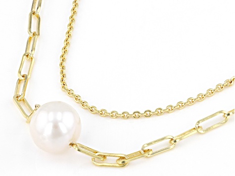 White Cultured Freshwater Pearl 18k Yellow Gold Over Sterling Silver Double Row Necklace