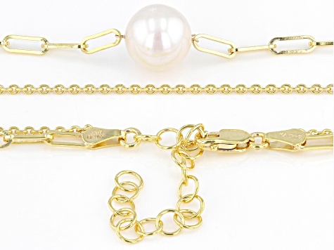 White Cultured Freshwater Pearl 18k Yellow Gold Over Sterling Silver Double Row Necklace