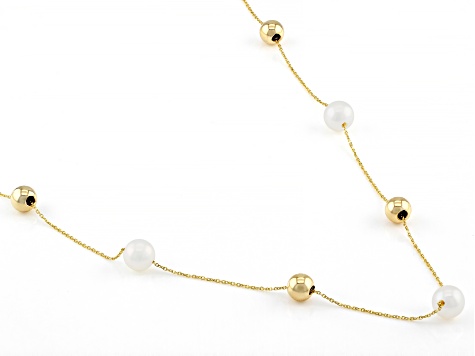 White Cultured Freshwater Pearl 14k Yellow Gold Station Necklace