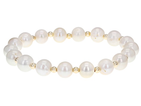 White Cultured Freshwater Pearl 10k Yellow Gold Bead Accent Stretch Bracelet