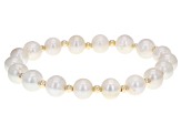 White Cultured Freshwater Pearl 10k Yellow Gold Bead Accent Stretch Bracelet