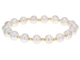 White Cultured Freshwater Pearl 10k Yellow Gold Bead Accent Stretch Bracelet