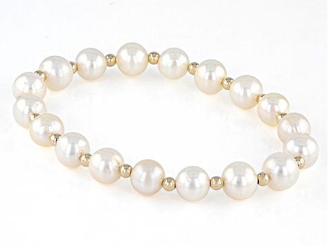 White Cultured Freshwater Pearl 10k Yellow Gold Bead Accent Stretch Bracelet